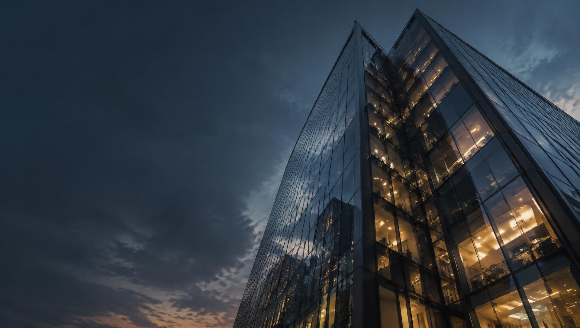 Modern glass architecture illuminated at dusk